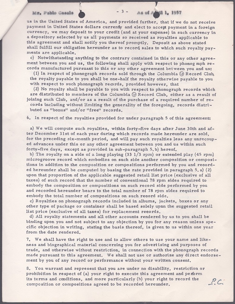 PABLO CASALS - CONTRACT MULTI-SIGNED 04/01/1957