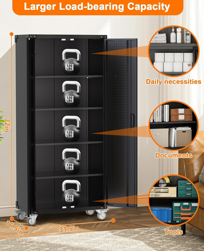 72" Heavy Duty Rolling Storage Cabinet with Lockable Doors & Adjustable Shelves