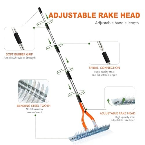 Thatch Rake,15" Lawn Dethatcher Rakes,Dead Grass Remover,Manual Medium Orange