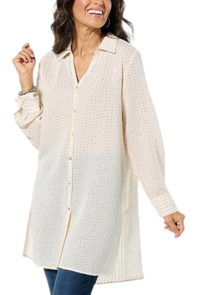 Colleen Lopez Women's Button-Front Sequin Tunic Cream