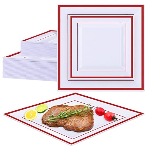 50 Pcs Square Plastic Plates White Disposable Dinnerware Set 25 Guests 9.5 Red