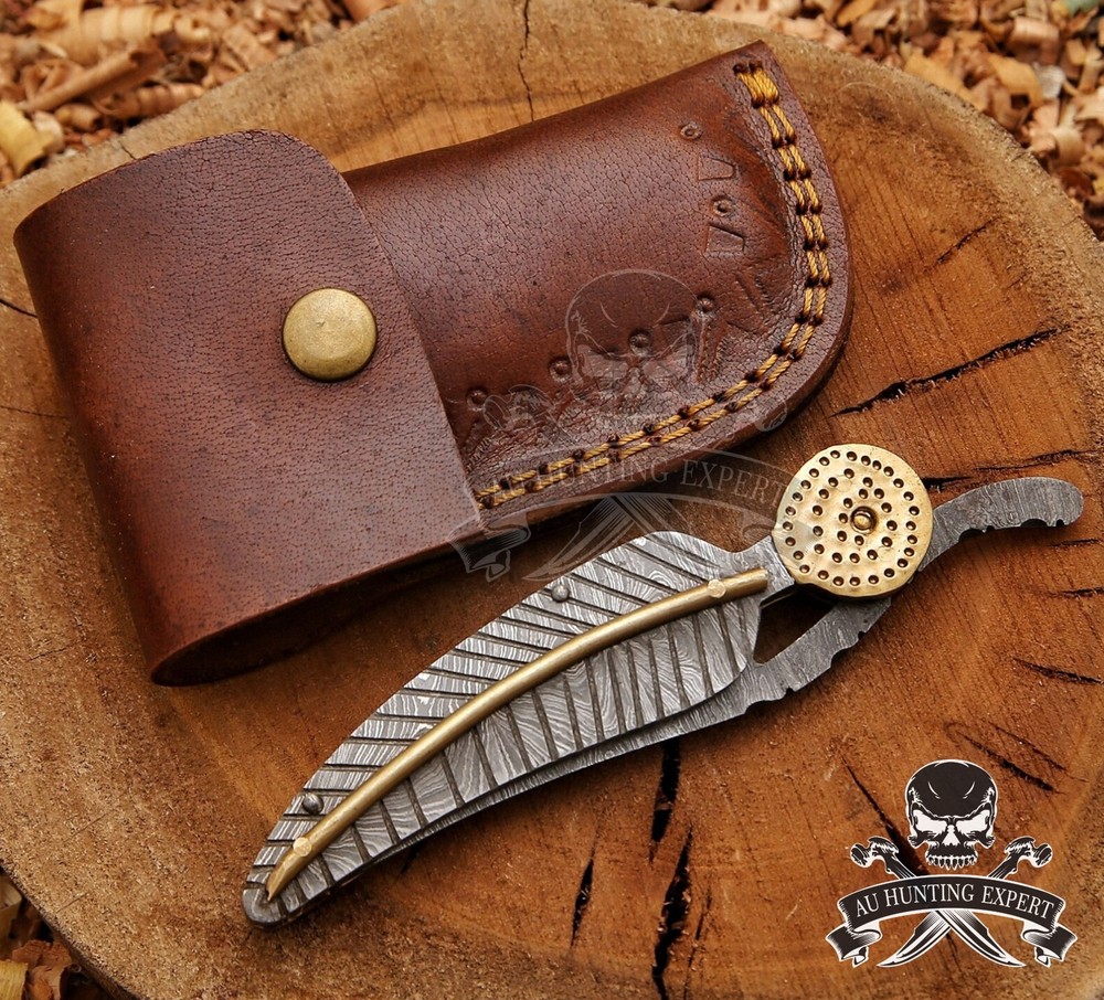 Handmade Damascus Pattern Steel Pocket Knife Folding Hunting Camping