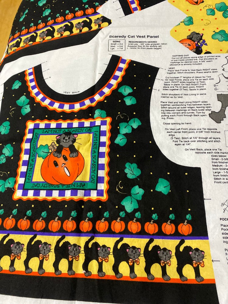 Daisy Kingdom Scaredy Cat cotton vest panel  with lining sizes 2-8
