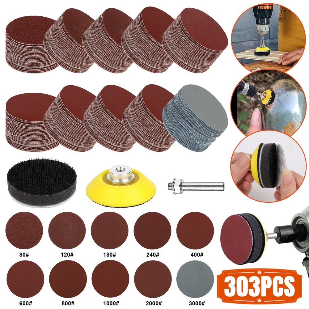 303Pcs 2" Sanding Disc Hook Loop Sander Paper Backer Pad + Drill Adapter Set