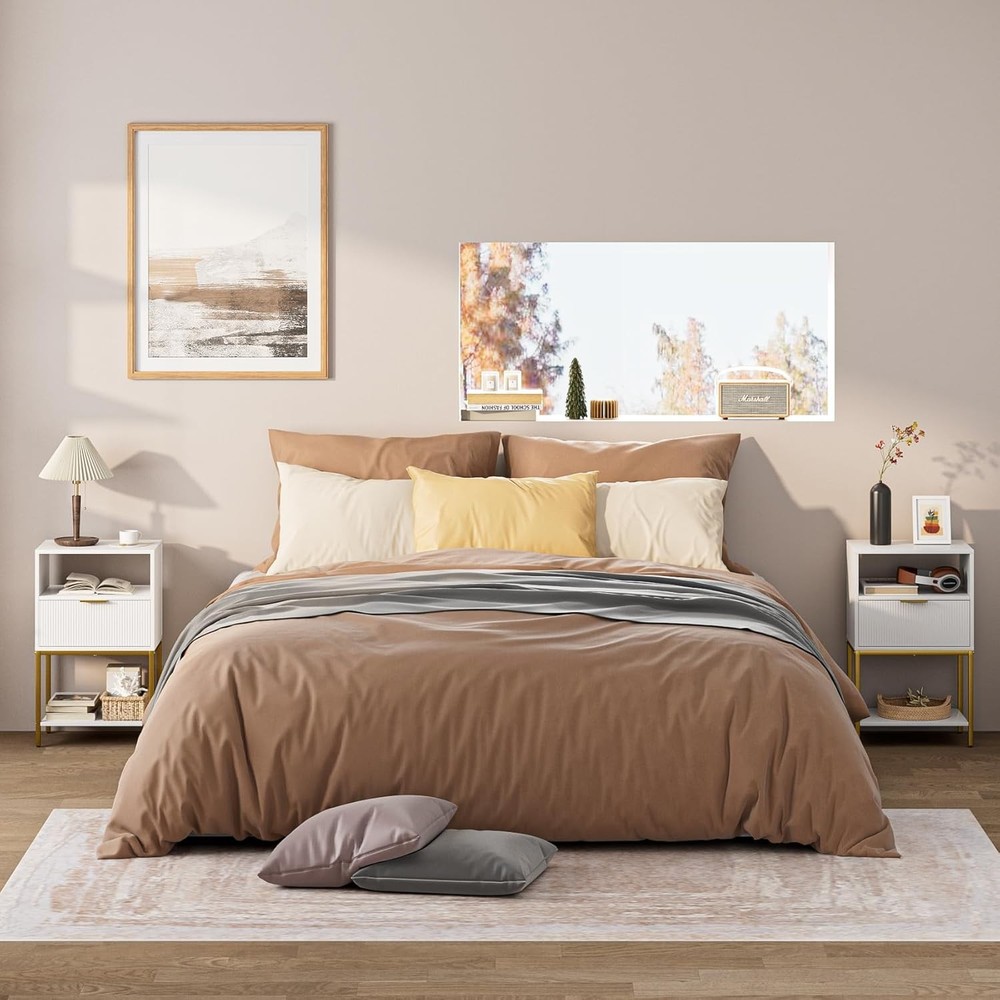 Nightstand Modern Bedside Table W/ Gold Frame 25.51''H End Table,White Night