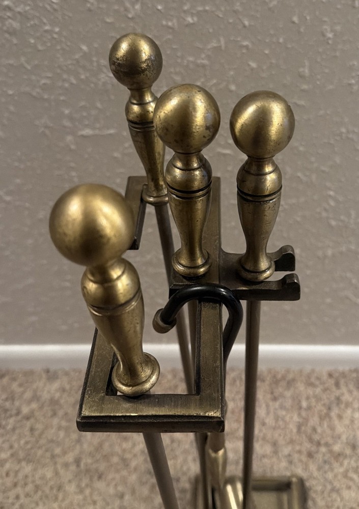 Vintage Brass 3pc Fireplace Tool Set w Cast Iron Base (219) - 28”