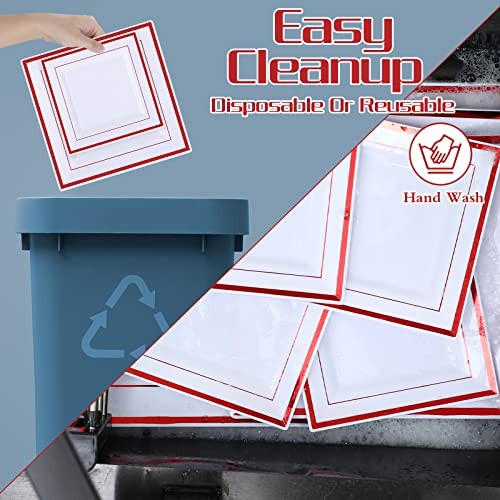 50 Pcs Square Plastic Plates White Disposable Dinnerware Set 25 Guests 9.5 Red