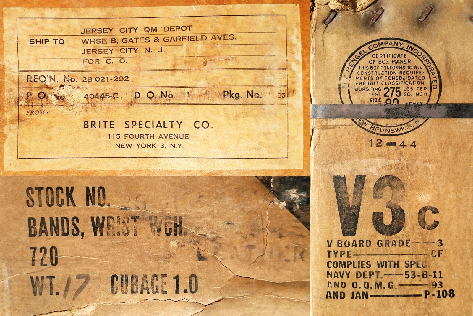 TWO (2) MINT ORIG WW2 1944-DATED GI-ISSUE BROWN LEATHER WATCH BANDS, GOATSKIN