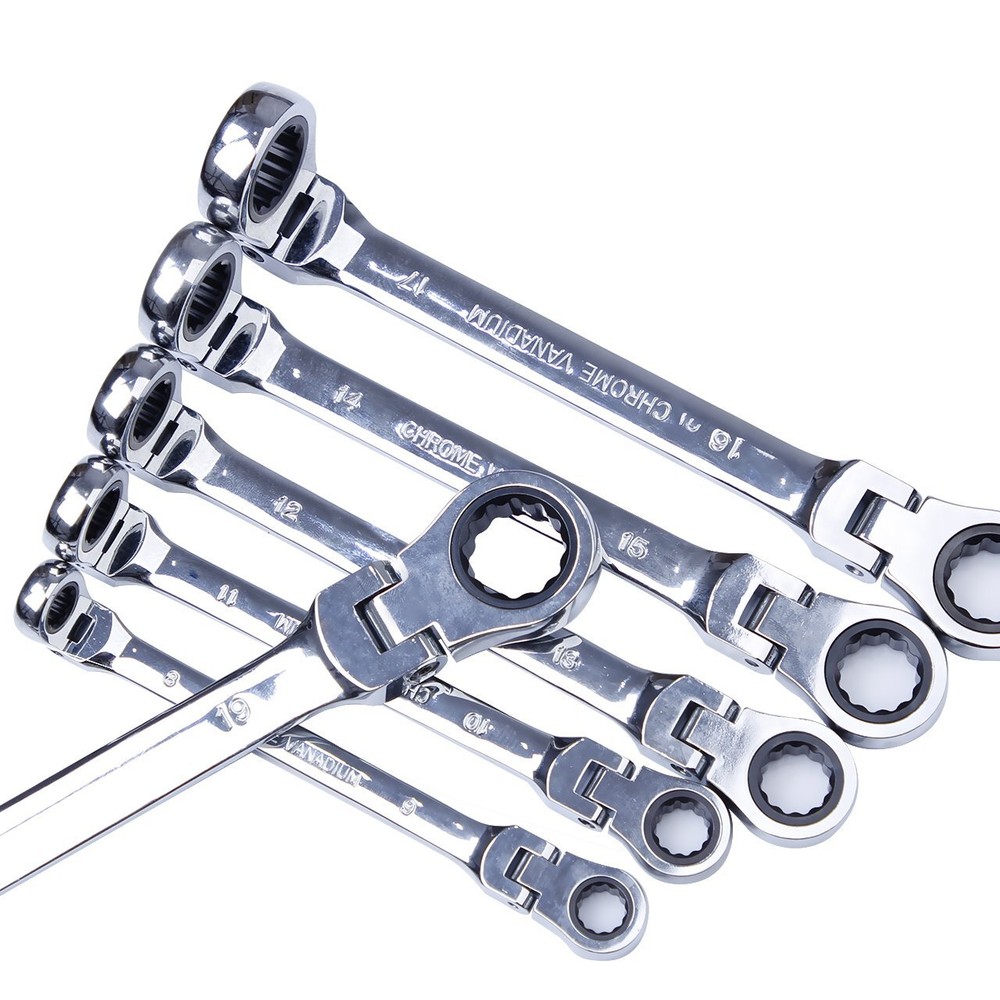 Universal 6Pcs Double Box End Ratcheting Wrench Flex-Head Extra Long Spanner Set