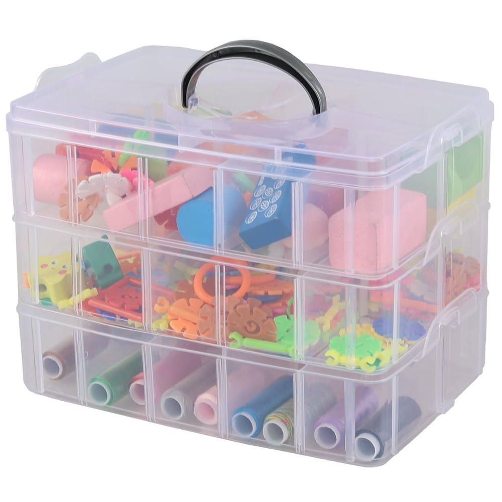 3-layer Stackable Craft Storage Box with 30 Grids, Clear Compartment Organize...