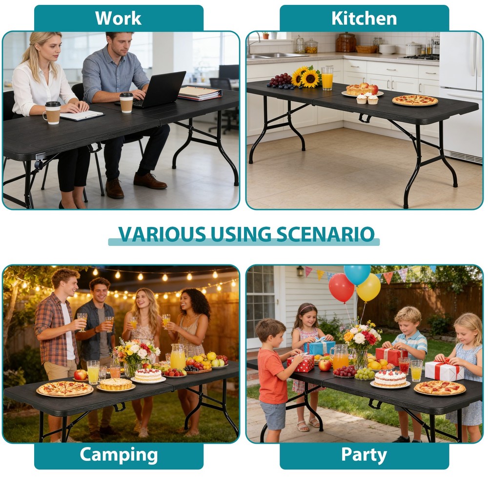 8FT Portable Folding Table Fold-in-Half Plastic Table for Dining Picnic Black