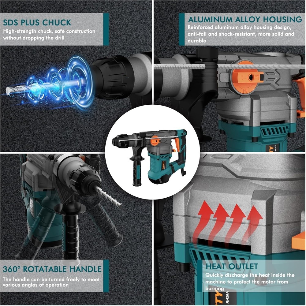 Heavy Duty Rotary Hammer Drill 13 Amp SDS-Plus 4 Functions Variable Speed