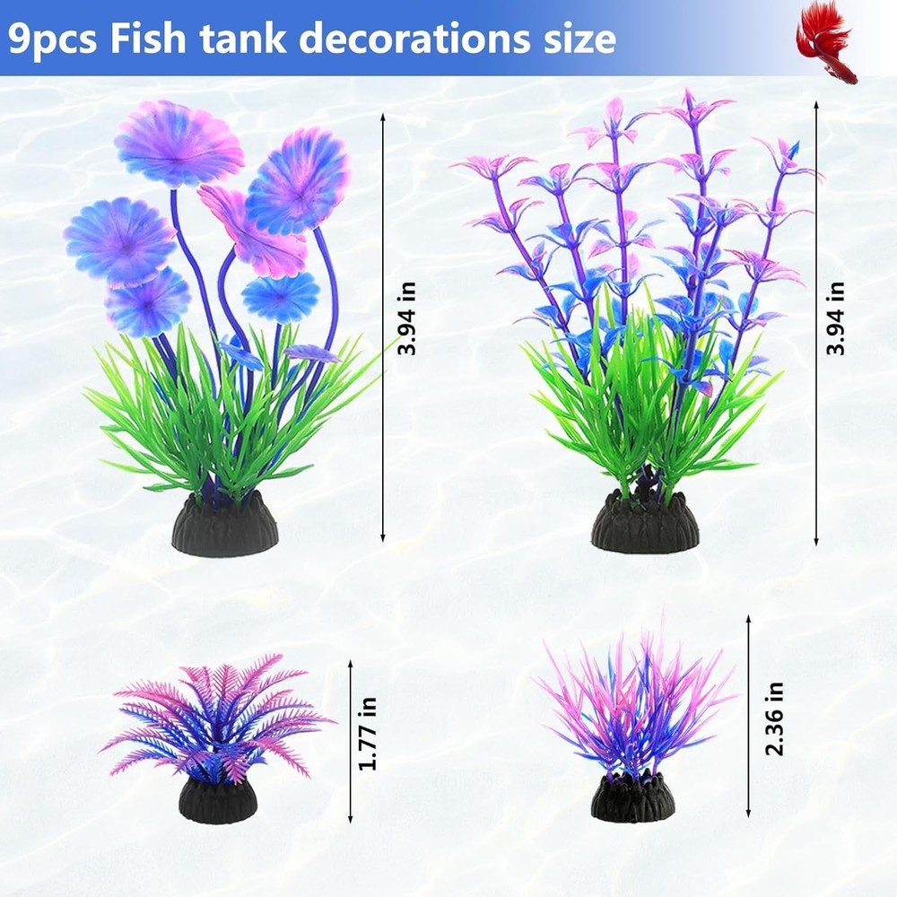 9Pcs Tank Accessories for Beta Fish, Medium & Small Decorations, Muticolor