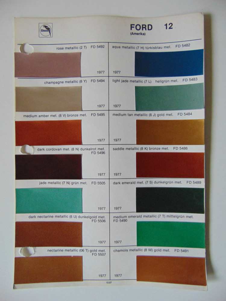 Original Glasurit Ford (US) Paint Chips Sheet - 1977