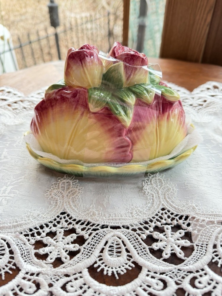 Botanical Collection Corner Ruby Roses Flower Multicolor Butter Dish Ceramic NEW