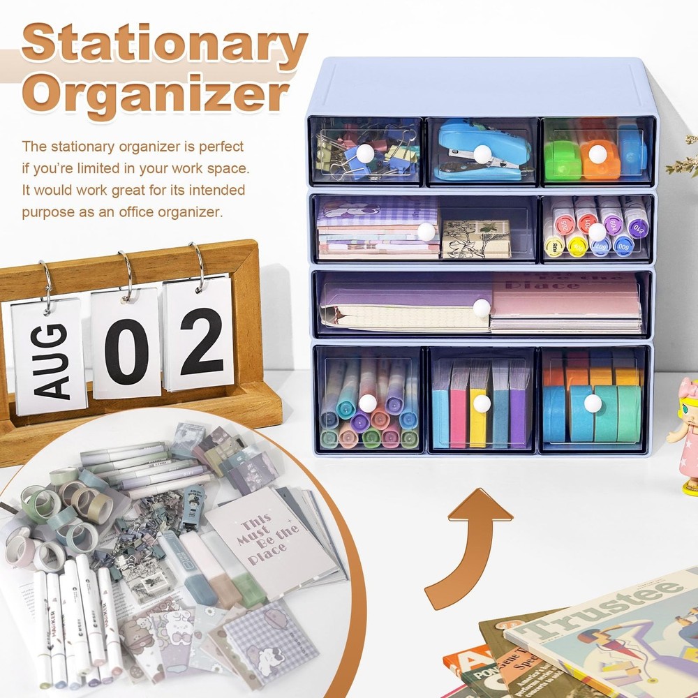 Desk Organizer with 9 Drawers, 4 Tier Plastic Stackable Storage Drawers for D...