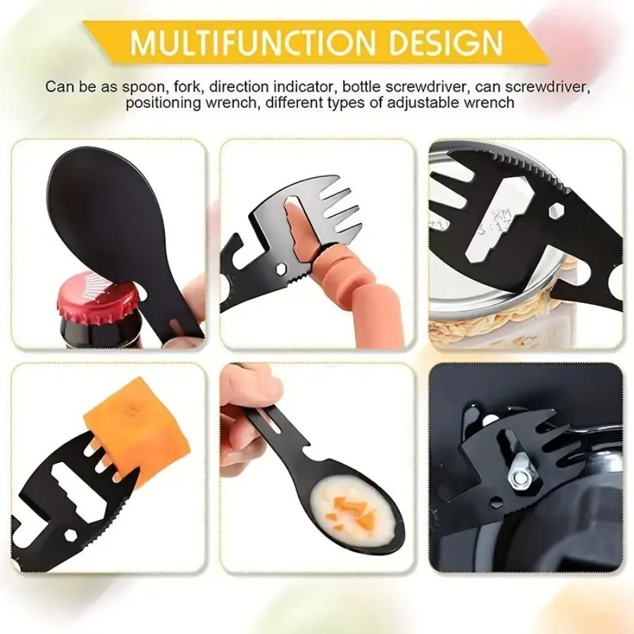 1pc Multifunction Camping Fork Spoon Bottle Opener Survival Tool Black - NEW