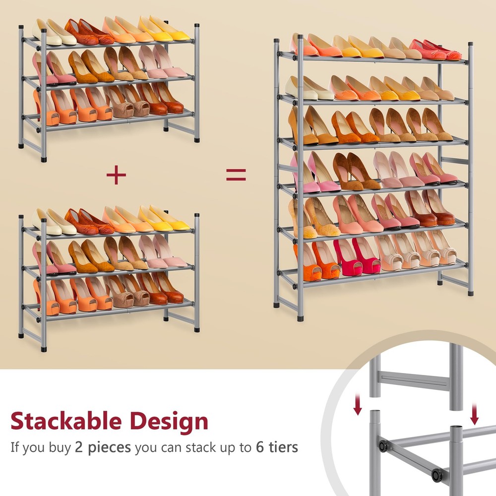 Adjustable 3Tier Expandable Stackable Shoe Rack 2841in Metal Gray