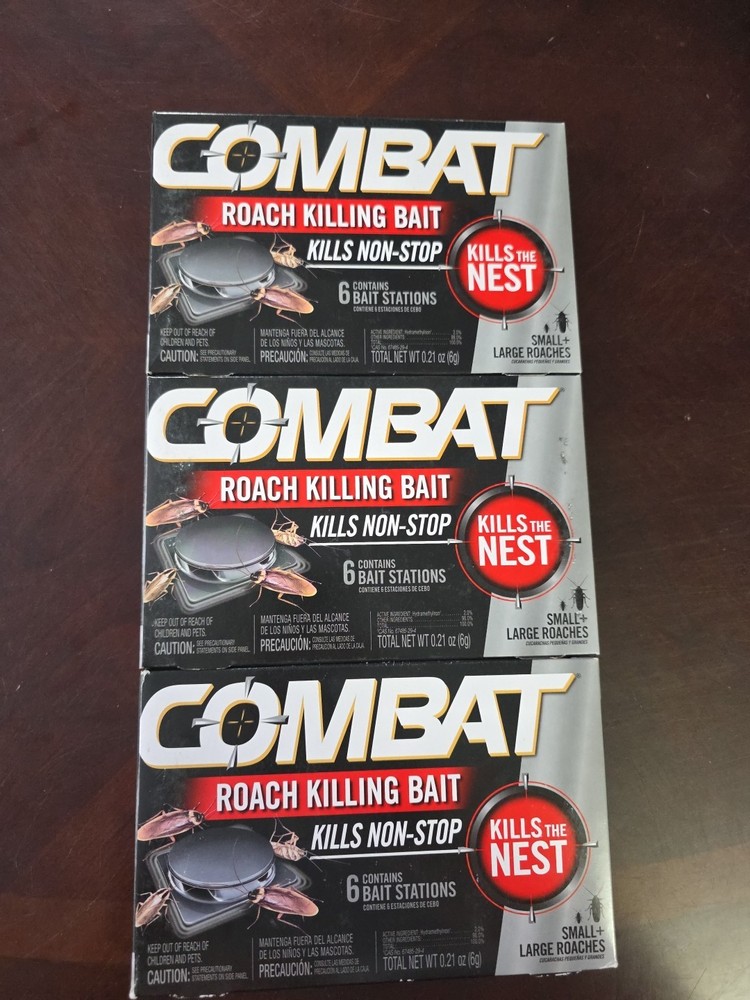 New (3) Combat Roach Killing Bait Stations for Small and Large Roaches, 18 count