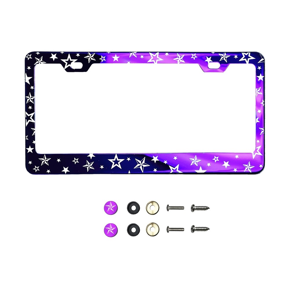 Star Pattern Laser Etch License Plate Frame Metal Screw Cap Silicone Back guard