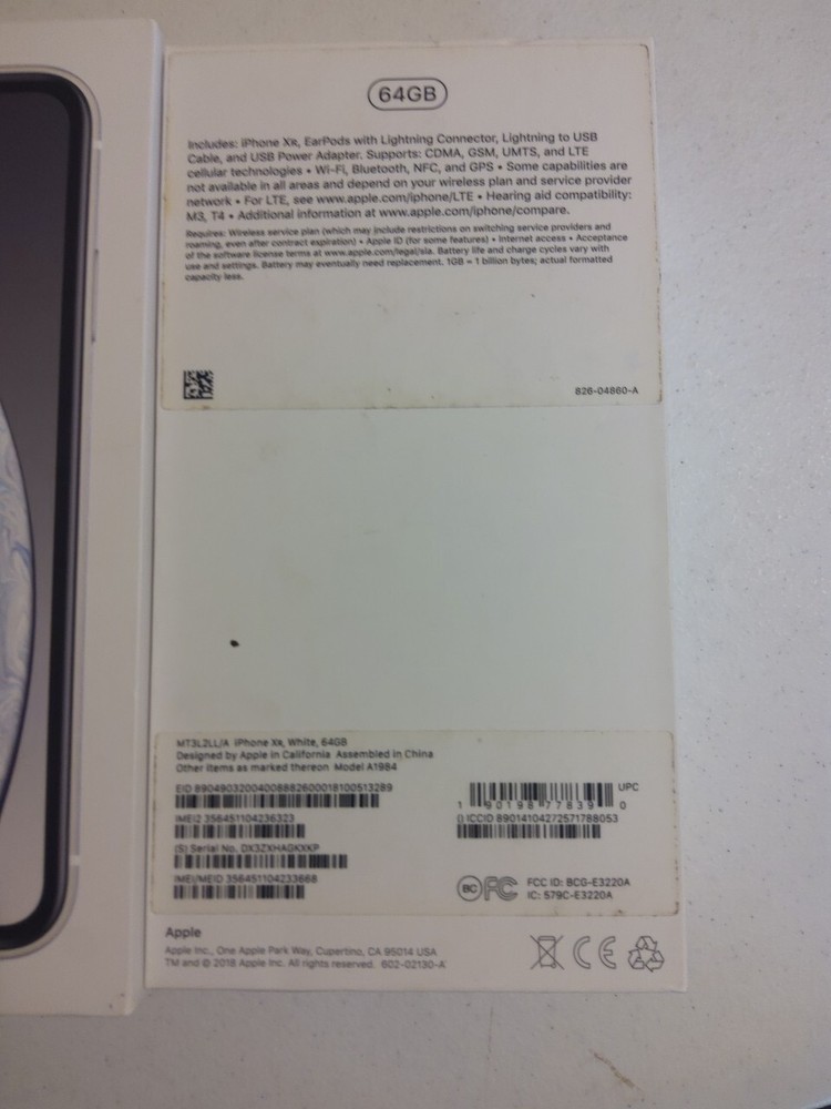 Apple iPhone XR- 64 GB White Box Only
