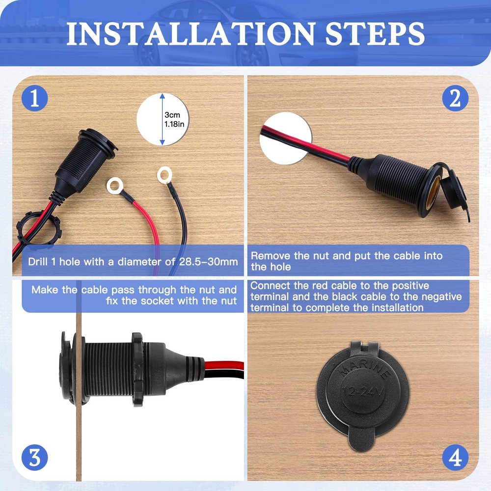 Cigarette Lighter Socket 4FT, 12V 13AWG&(4FT/1.2m)