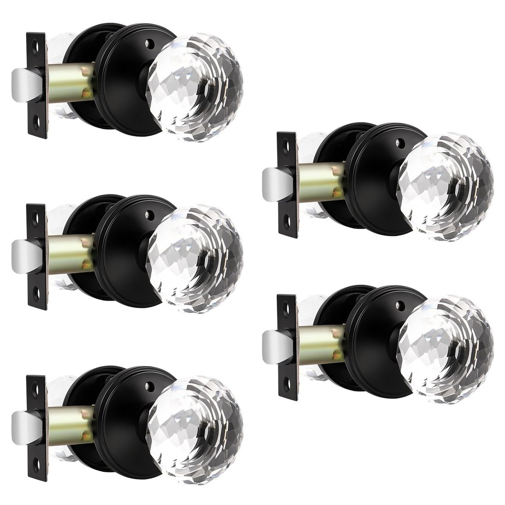 5 Pack Crystal Door Knobs Interior, Elegant Matte Black Glass Door Knobs, Key...