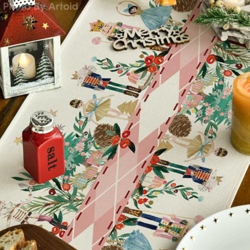 Nutcracker Floral Holly Christmas Table Runner, 13" x 72", Table Runner Pink
