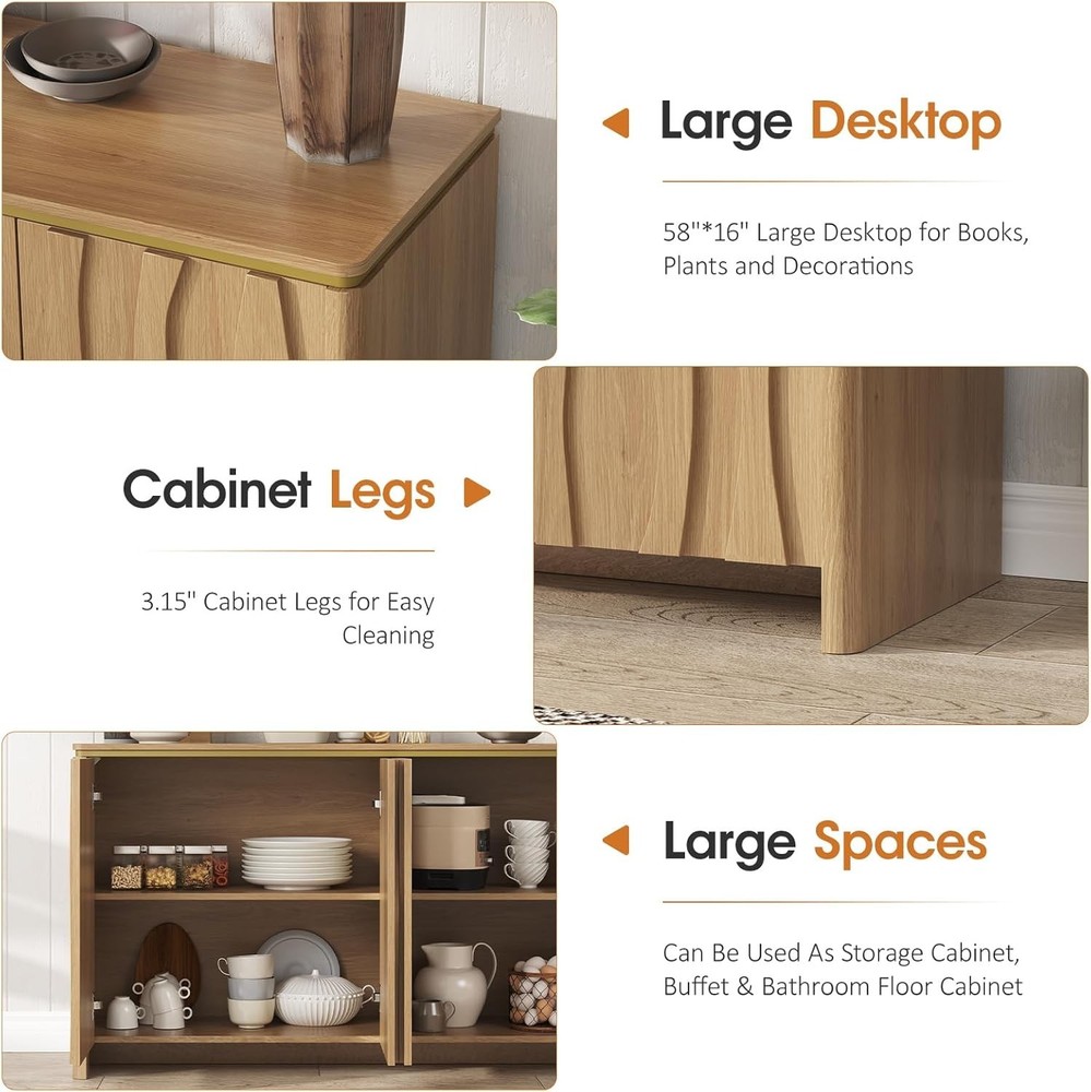 Fluted Buffet Cabinet with Storage, 3D Ripple Pattern Doors and Curved