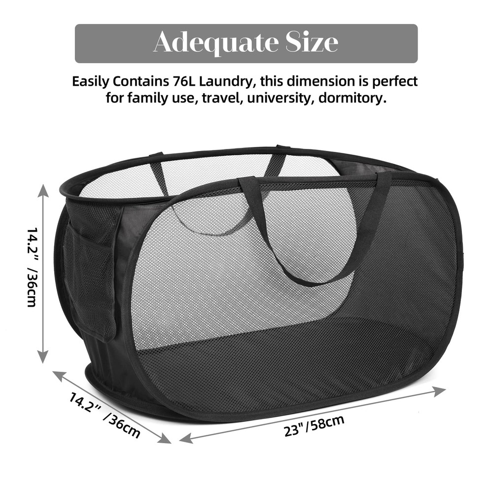 Durable Collapsible Laundry Baskets, Mesh Pop Up Horizontal, Black