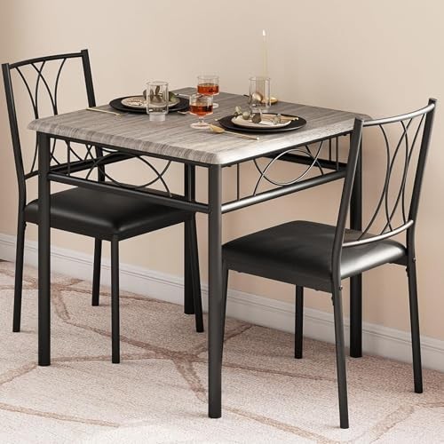 Small Dining Table Set for 2, Table with 2 Upholstered Chairs Rustic Gray