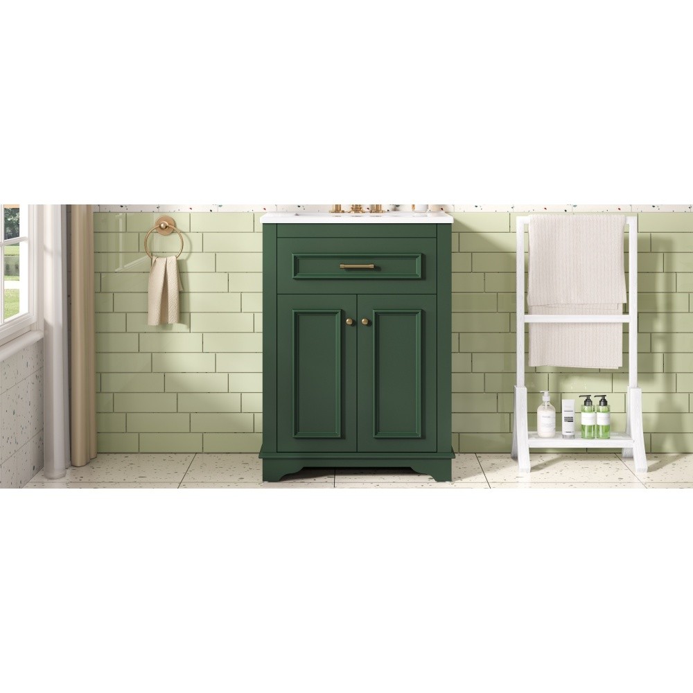 24" Bathroom Vanity with Ceramic Sink, 2 Doors & Tip-Out Tray, Green Small Space