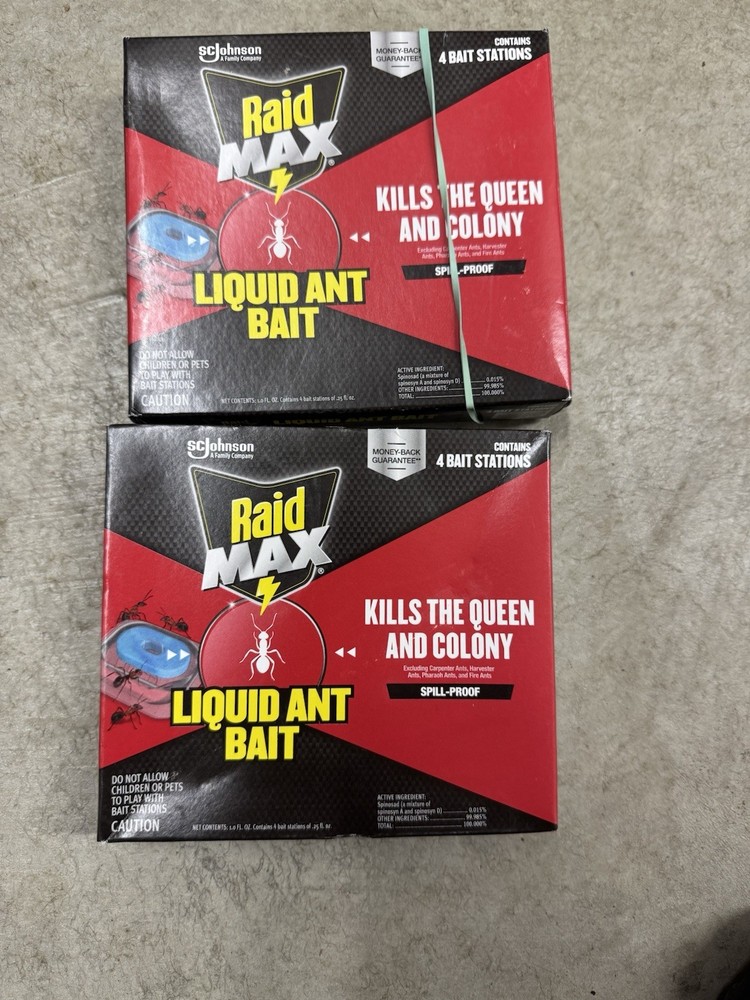 (2) RAID MAX Liquid Ant Bait Kills Queen & Colony 4 Bait Stations Per Box