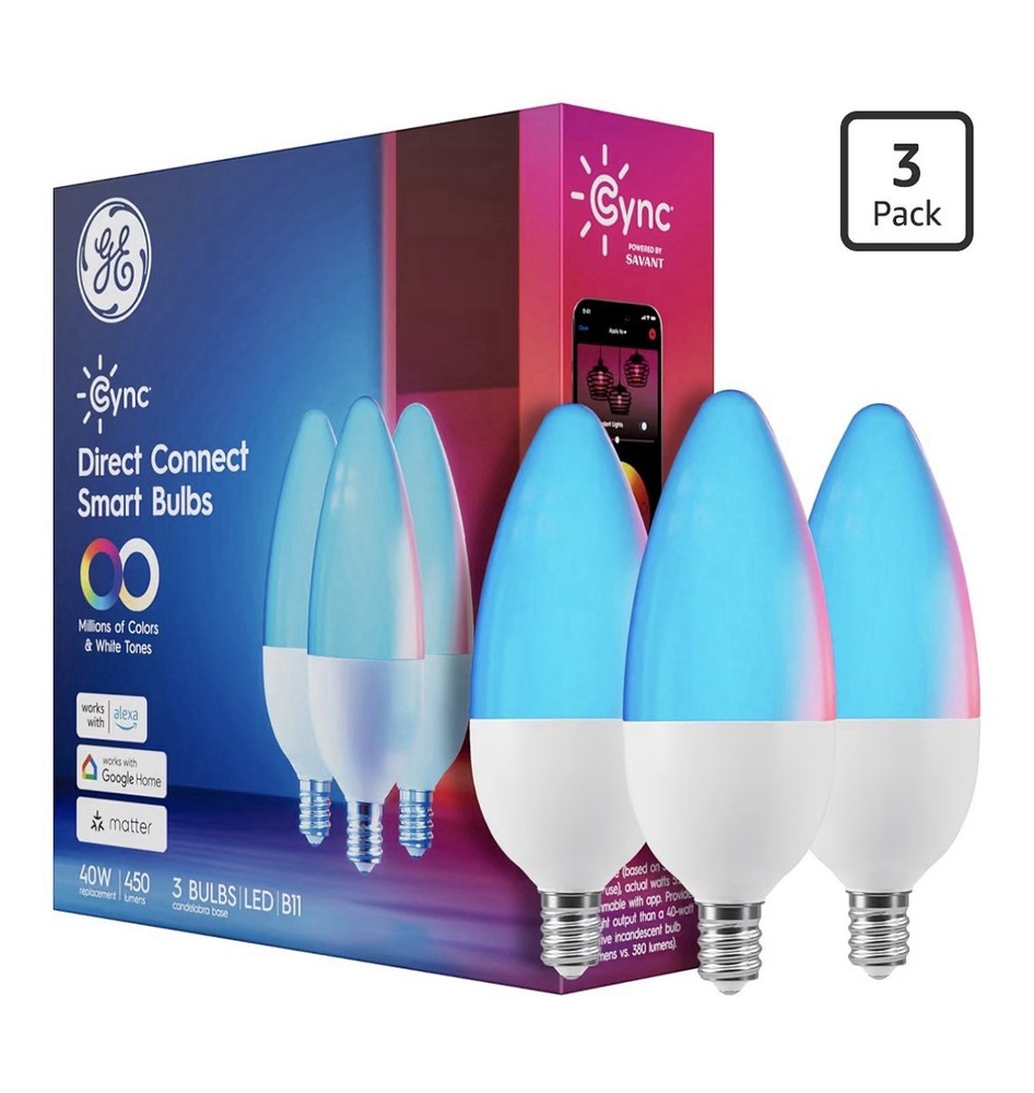 3 Pack GE CYNC Smart Color Bulbs WiFi Compatible w Alexa & Google E12 Candelabra