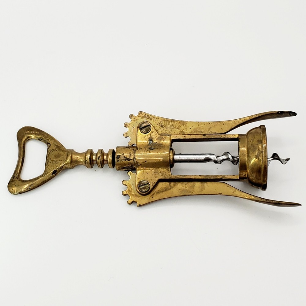 Vtg Solid Brass Corkscrew Bottle Opener Italy