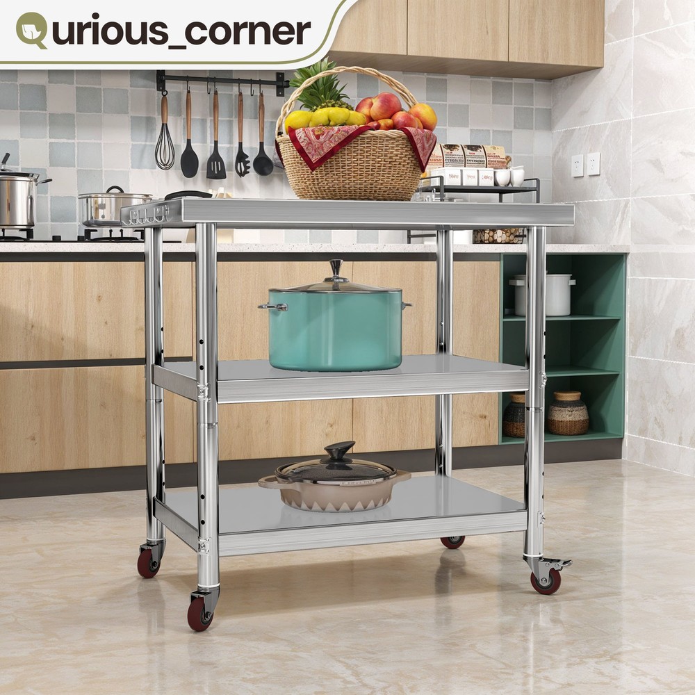 36"x24" Stainless Steel Rolling Work Tables 3-Tier Adjustable Shelf Kitchen Prep