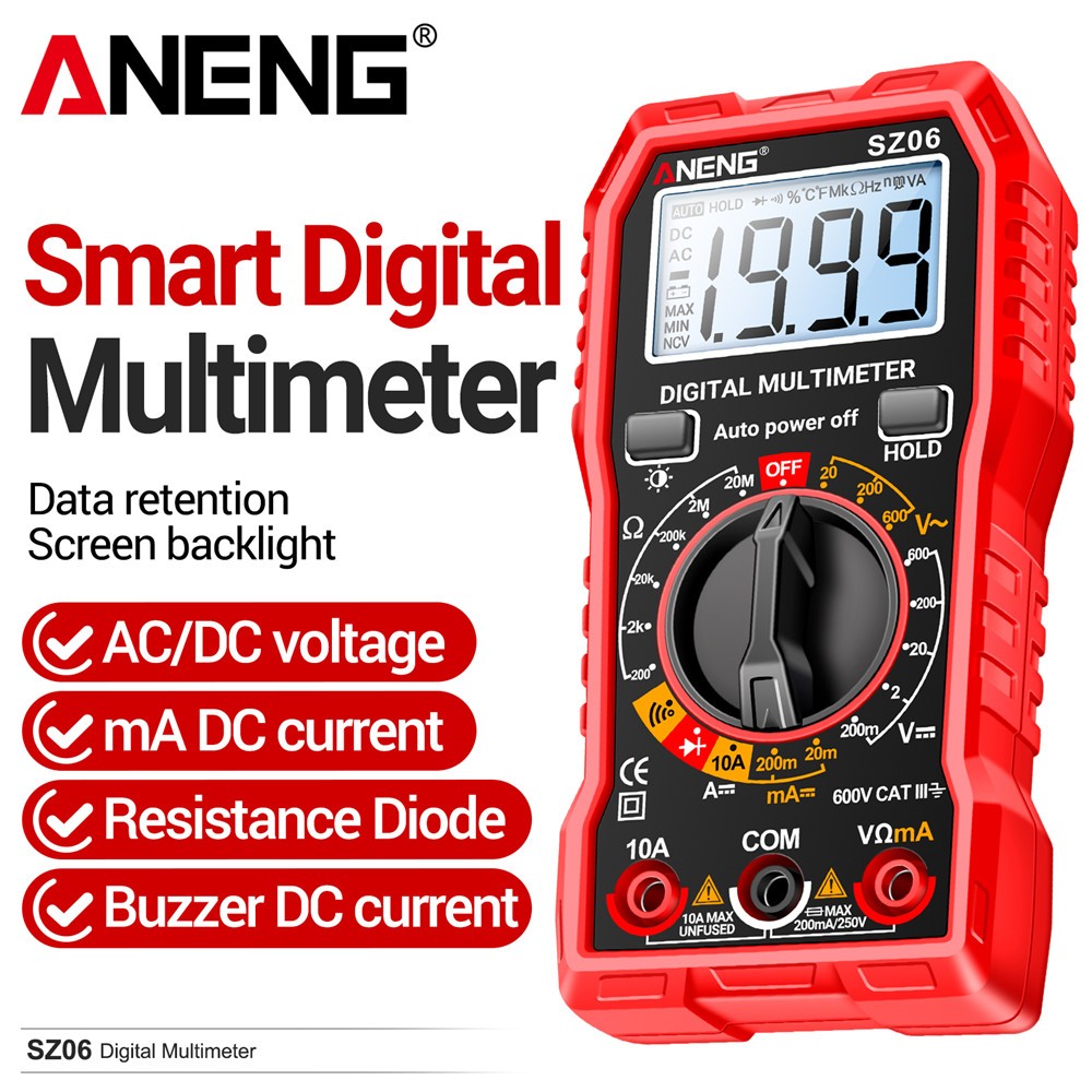 Digital Multimeter Voltmeter AC DC Volt Meter Ohmmeter Auto Range Tester Red