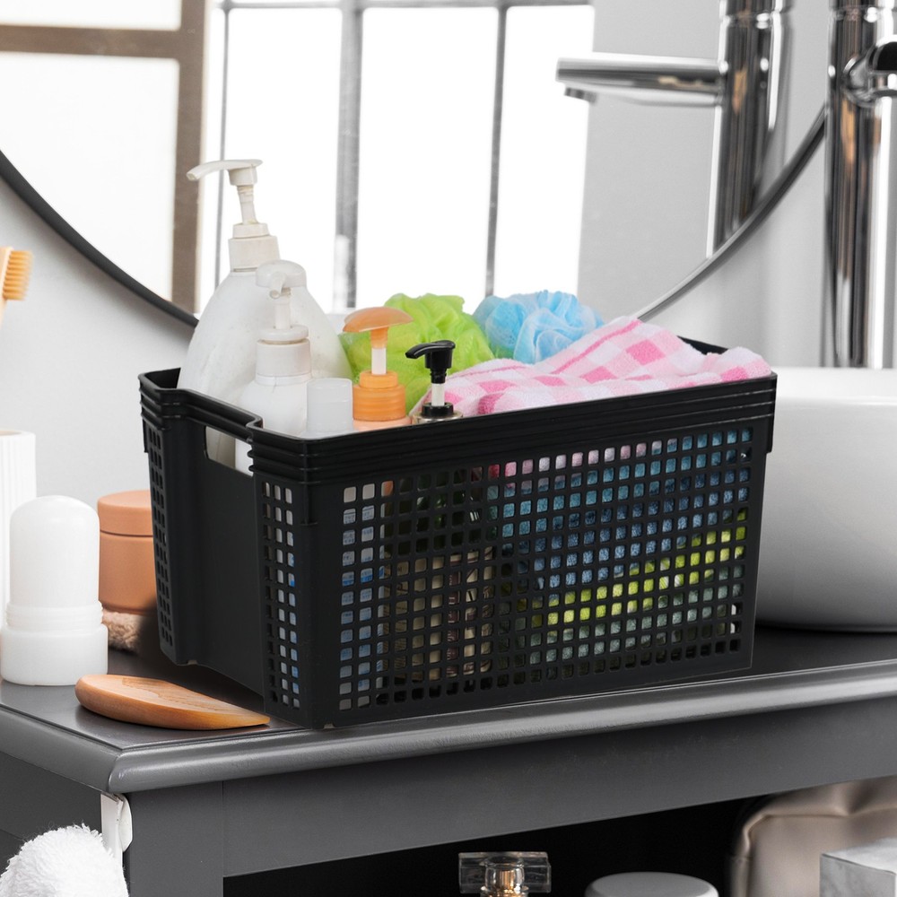 Aninhao 12 Pack Stackable Storage Baskets, Large Plastic Organizer Baskets Black