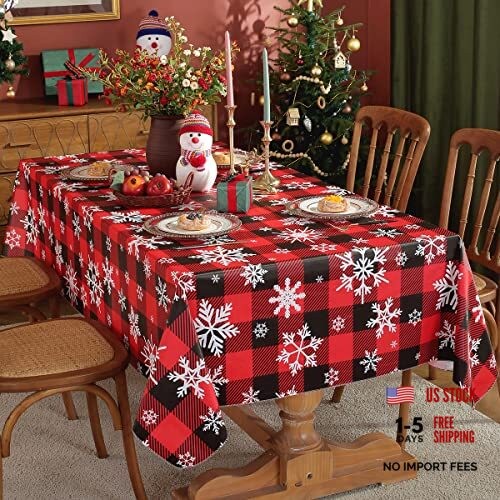 Christmas Tablecloth Rectangle Vinyl 70" x 52" (Rectangular) Red and Black