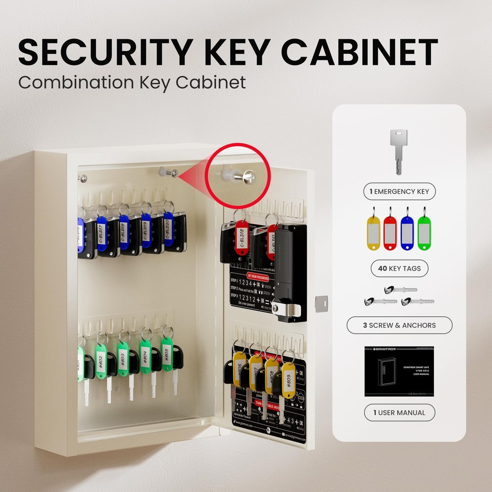 Grimtron Key Lock Box for Keys with Code, 40 Keys, Beige Electronic