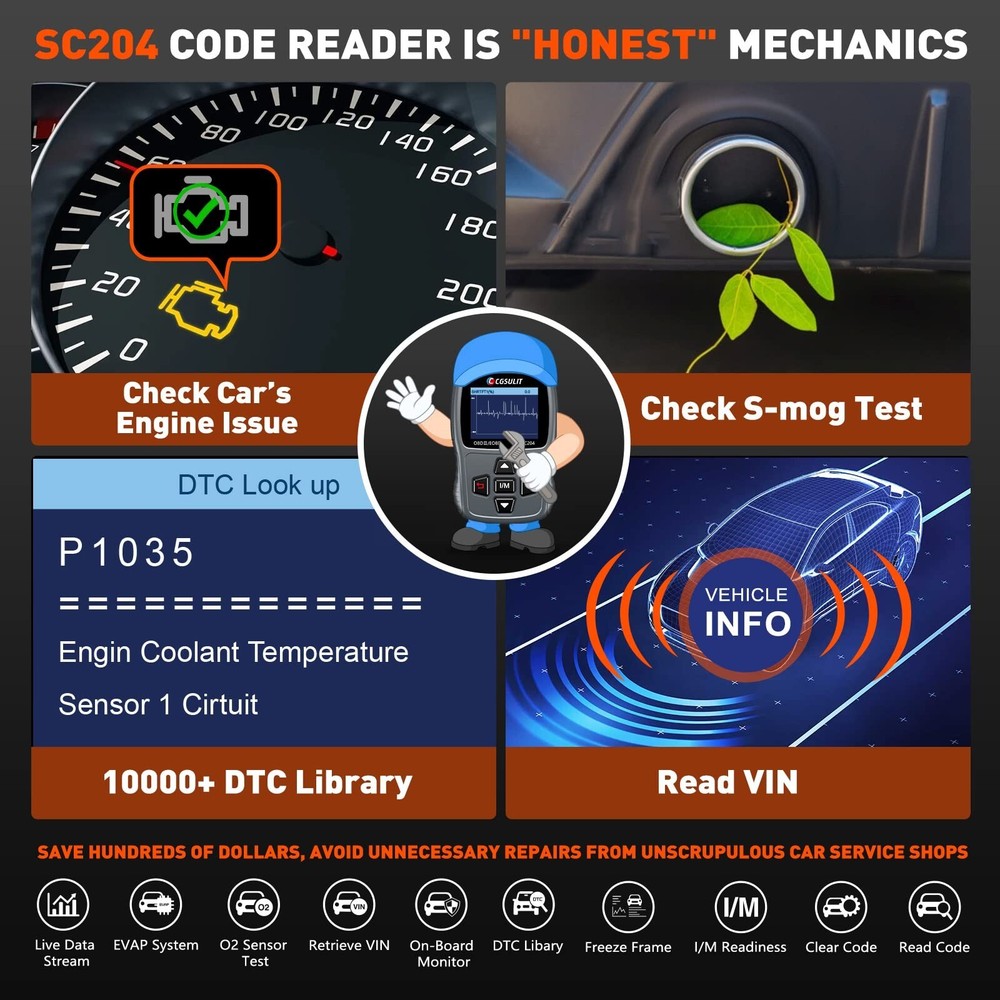 CGSULIT Scan Tool SC204 OBD2 Scanner, Check Engine Light Code Reader with Res...