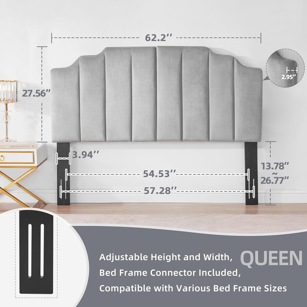 Velvet Upholstered Headboard Queen, Tufted Headboard, Elegantly Curved Headboard