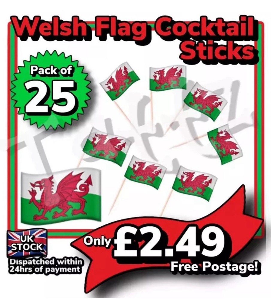 25x Wales Flag Cocktail Sticks