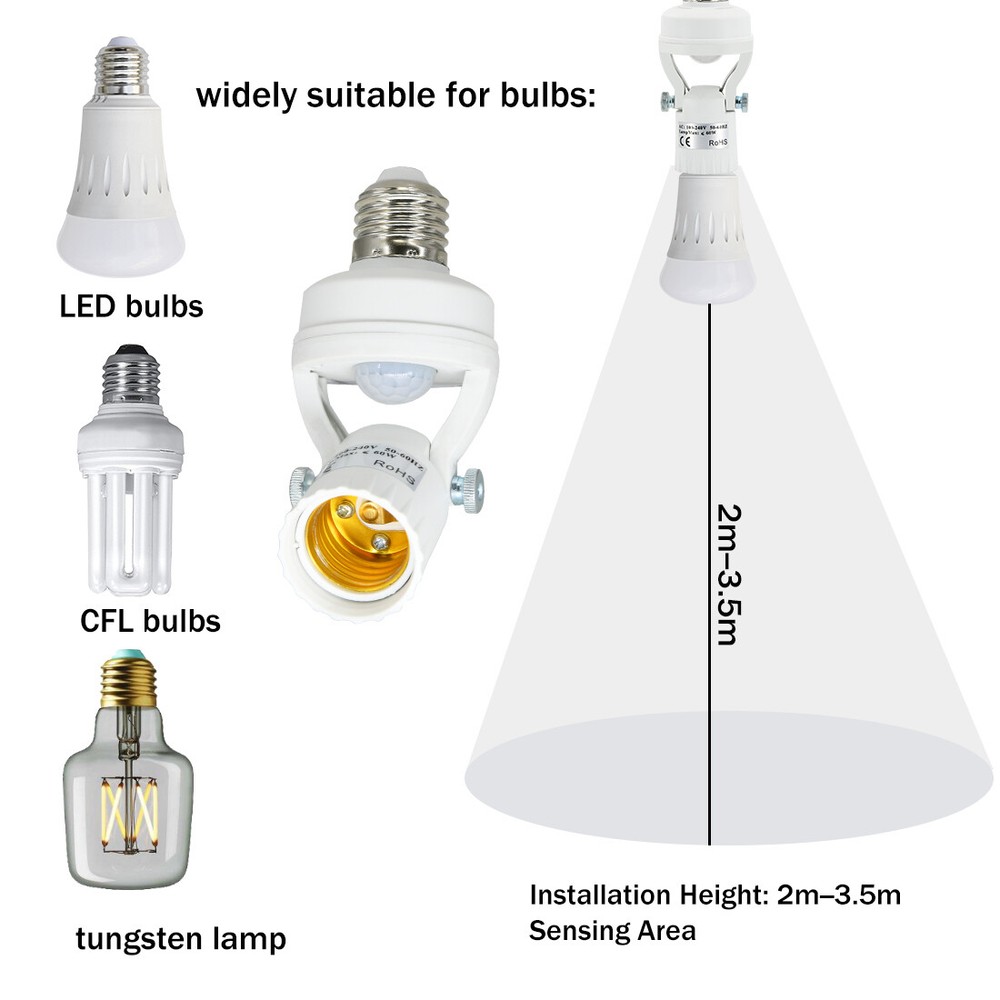 PIR Motion Sensor Light Socket - 180 Degree Rotatable E26/27 Smart Screw Bulb