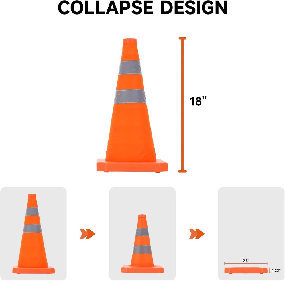 4 Pack 18" Pop-Up Traffic Cones Reflective for Driving Training