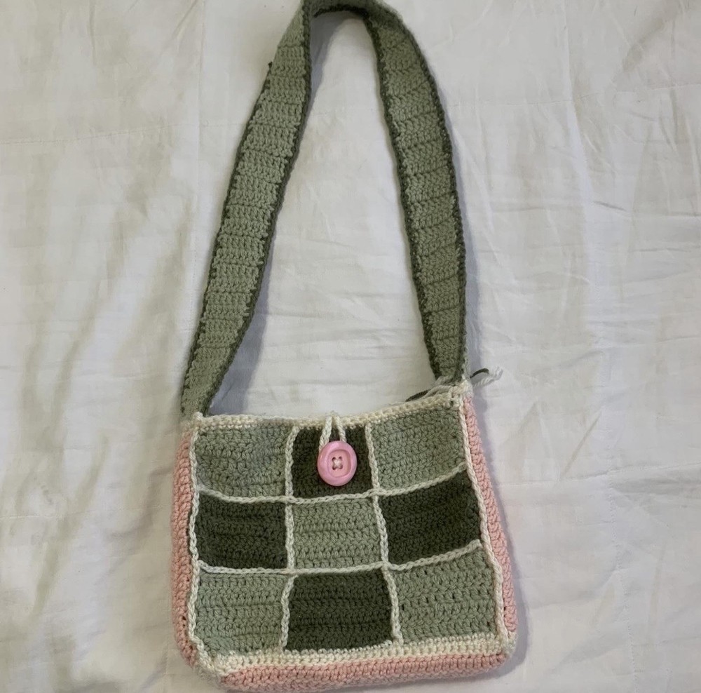 Handcrafted Crochet Shoulder Bag Green Pink White with Button Closure