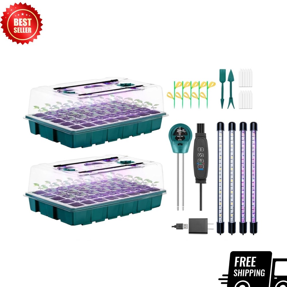 80-Cell Seed Starter Tray Kit with Grow Light Heat Mat 2 Pack
