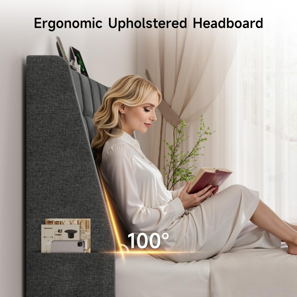 Full Headboard Charging Station Linen Wingback Storage Pocket Dark Grey