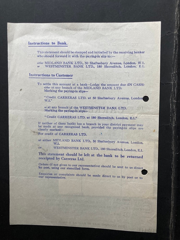 1944 Carreras cigarettes bill invoice advice