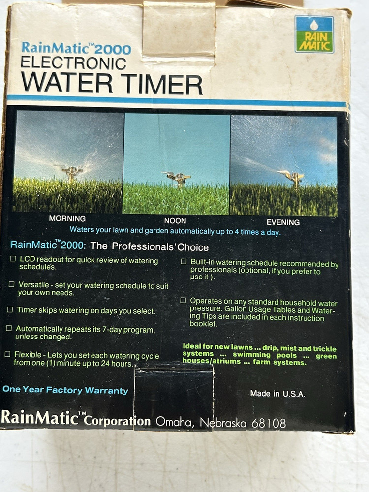 RainMatic 2000 Electronic Water Timer Waters Lawns & Gardens Automatically 4 Cyc